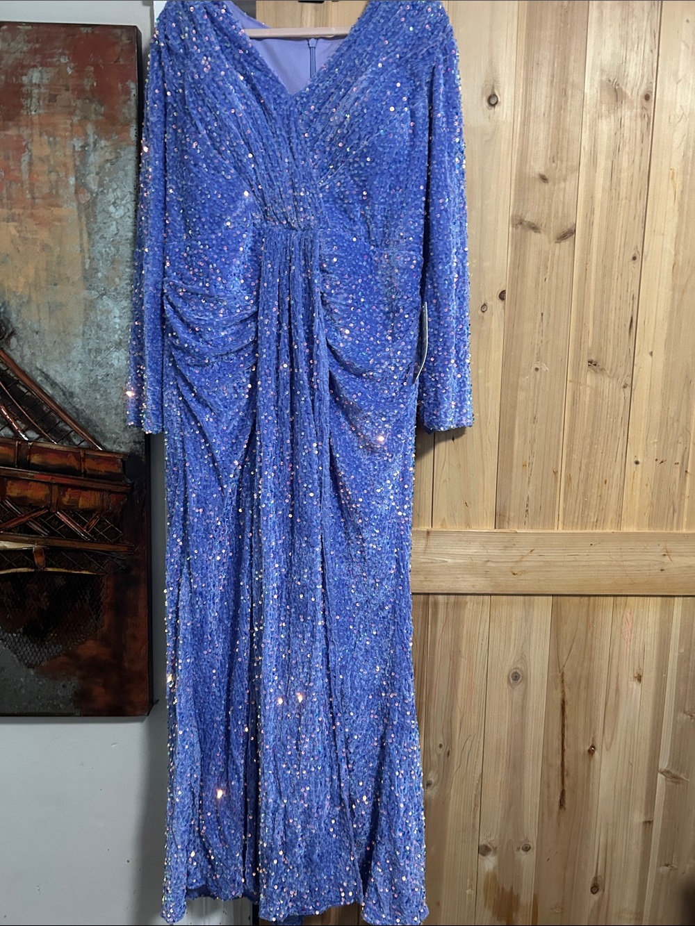 Elegant Velvet Sequin V-Neck Long Sleeve draped  Evening Dress